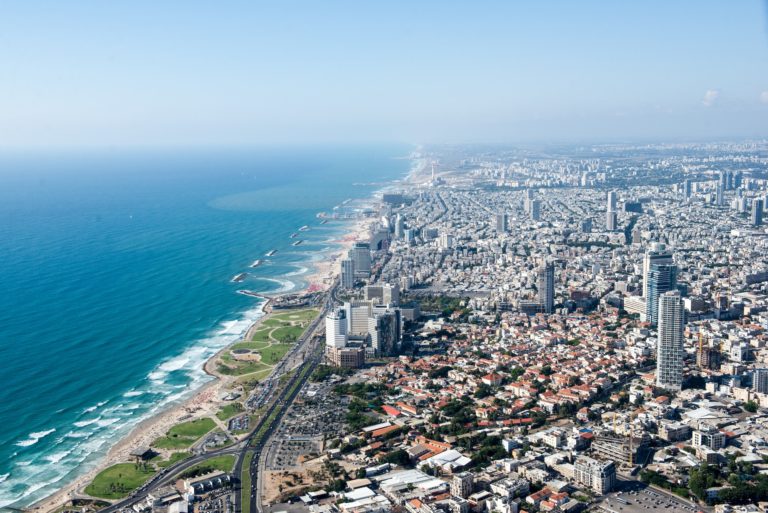 Aerial view of coastline and city, Tel Aviv, Israel